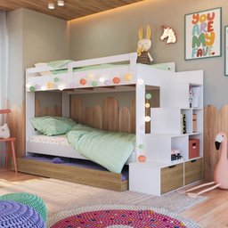 Treliche Infantil com Escada Nicho e Gaveta Linha Infanto Branco/ Aveiro Oak Bi005 Completa Móveis - 1