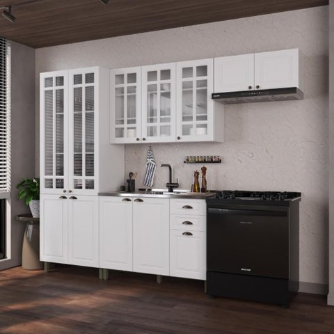Armário de Cozinha Modulada Compacta Fidelitá Nara 100% MDF 4 Peças 280cm 12 Portas 2 Gavetas sem