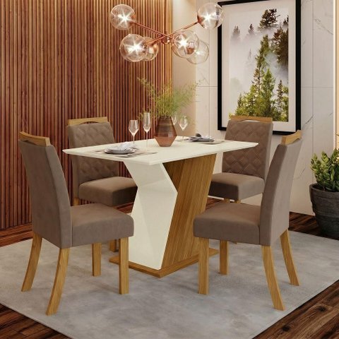 Conjunto Sala de Jantar Layla Select 4 Lugares Tampo MDF Cadeiras Suede Amêndoa 120cm Casa 812