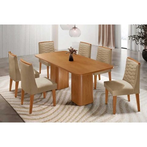 Conjunto: Mesa Sala Jantar Maldivas C/ Tampo Madeirado Canto Curvo 180x90cm e 6 Cadeiras Maldivas