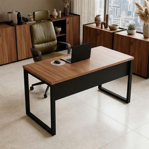 Mesa Escrivaninha Industrial MDF 140cm Nogal com Preto F5 Office