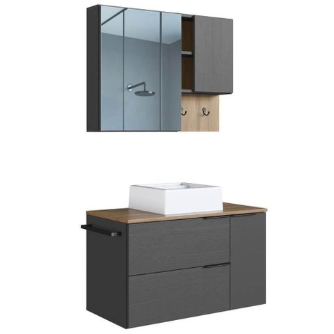 Conjunto Gabinete com Cuba e Espelheira 80cm Mel Grafite Proddy Mel