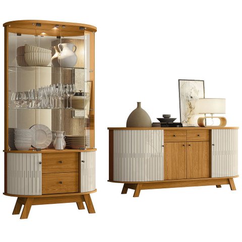 Conjunto Buffet com Cristaleira Pitt/swank Iluminação Led Gavetas Mdp Cinamomo/offwhite G97 - Gran B