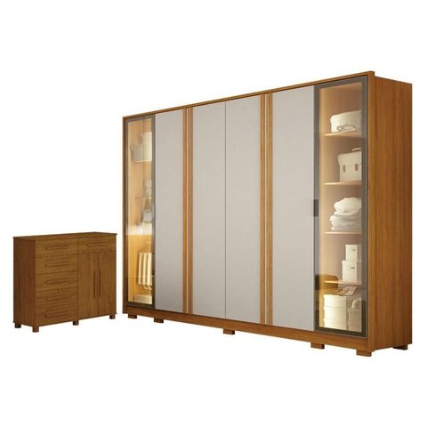 Guarda Roupa Casal Prime 6 Portas com Led Off White com Cômoda São Paulo 6 Gavetas 2 Portas Cinamomo