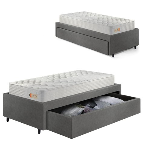 Base Box Cama Solteiro Sapateira Courino Linho Cinza e Colchão Ecoline D33 Ecoflex 88x188