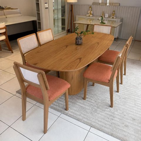 Mesa de Jantar Barril 6 Lugares 2,00m x 1,00m com 6 Cadeiras Encosto Palha e Estofadas 100% MDF Casa