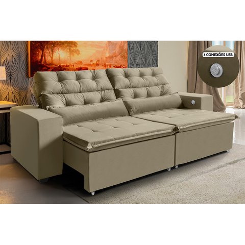 Sofá 4 Lugares América 252cm Retrátil, Reclinável, Tecnologia Carregamento 3 portas USB Castor