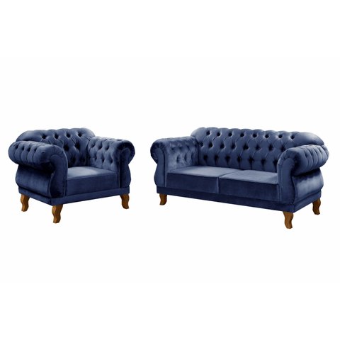 Kit Namoradeira Duquesa Chesterfield 2 Lugares + 1 Poltrona - Suede Azul Marinho