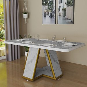 Mesa para Sala de Jantar Retangular Moderna Estampa Marmorizada:branco