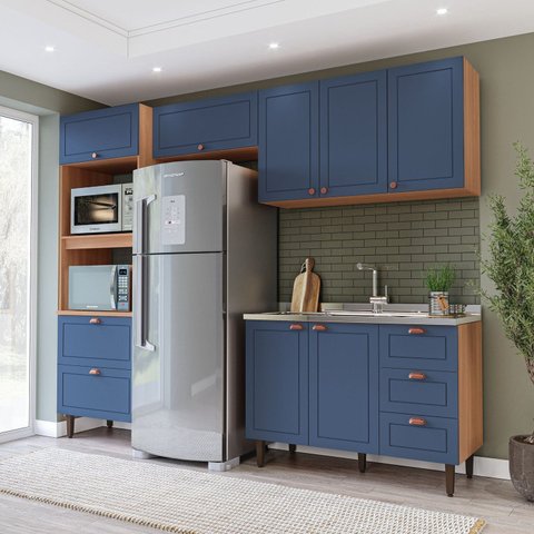 Cozinha Pérola 270cm Completa Modulada 4 Peças Azul/Freijó Yescasa