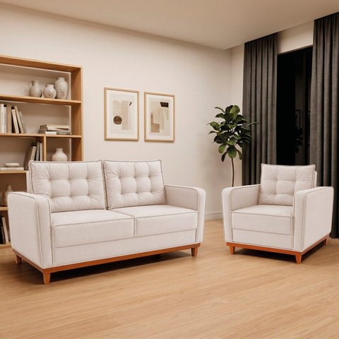 Kit Sofá 2 Lugares e 1 Poltrona Luxo Moderno Sala de Estar Linho Samuel