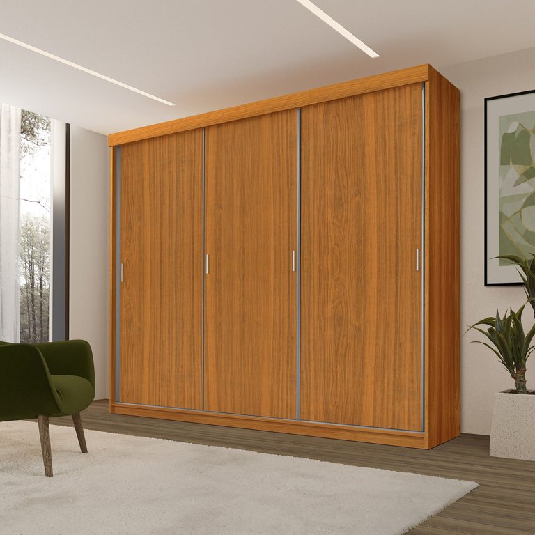 Roupeiro Casal Luxo Imola 100% Mdf 3 Portas de Correr 5 Gavetas Trilhos em Alumínio - Luapa - Freijó