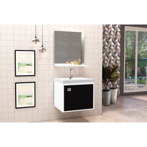 Kit Conjunto Gabinete Banheiro C/ Cuba e Espelho CJ Unic 40 Cm - Branco / Preto