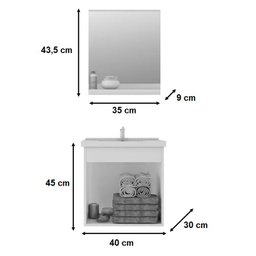 Kit Conjunto Gabinete Banheiro C/ Cuba e Espelho CJ Unic 40 Cm - Branco / Preto - 2