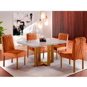 Conjunto Sala de Jantar 4 Lugares Mesa Com Tampo Em Vidro e Cadeiras Veludo Móveis Mix