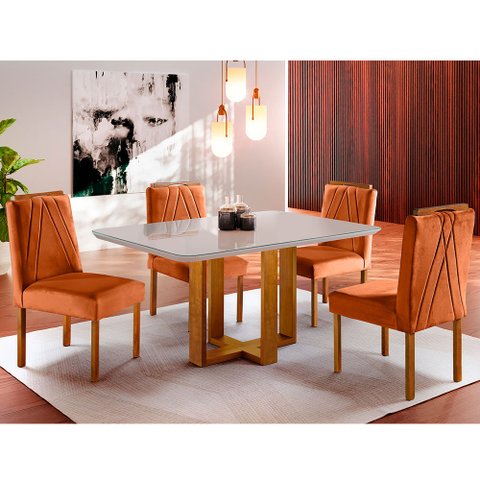 Conjunto Sala de Jantar 4 Lugares Mesa Com Tampo Em Vidro e Cadeiras Veludo Móveis Mix
