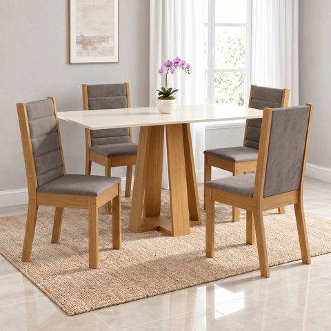 Conjunto Sala de Jantar Mesa Lisa 120cm Tampo MDF Canto Reto 4 Cadeiras Evelin