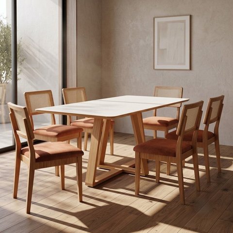 Conjunto para Sala de Jantar Mesa Retangular e 6 Cadeiras Estofadas Encosto Telado 100% MDF Bolonha