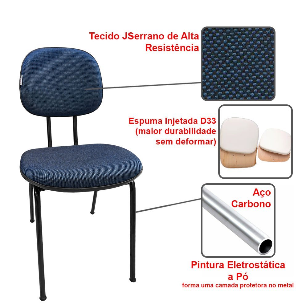 Cadeira de Escritório Secretaria Fixa Pé Palito Tecido JSerrano Azul Com Preto para Recepção - 3