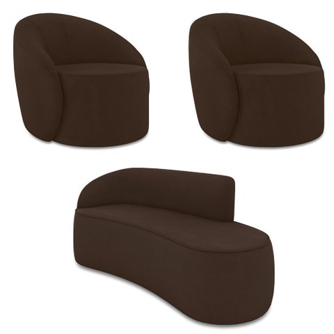 Sofá 3 Lugares Orgânico 180cm Morgan e 2 Poltronas Lua Suede Marrom D03 - D’Rossi