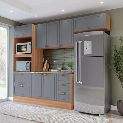 Cozinha Pérola 270cm com Rodapé 4 Peças Cinza/Freijó Yescasa