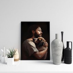 Quadro Jesus Abraçando Cachorro 24x18cm - com Vidro:madeira Branca - 1