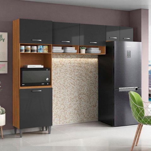 Cozinha Compacta Aurora com 6 Portas e 4 Nichos Cinamomo Grafite Aramóveis