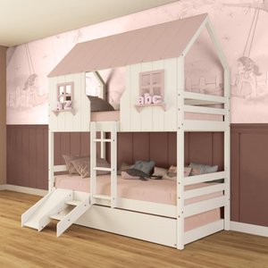 Treliche Casinha Encantada com Kit Escada/ Escorregador Madeira Maciça Branco/ Rosa Megamobilia