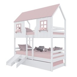Treliche Casinha Encantada com Kit Escada/ Escorregador Madeira Maciça Branco/ Rosa Megamobilia - 2