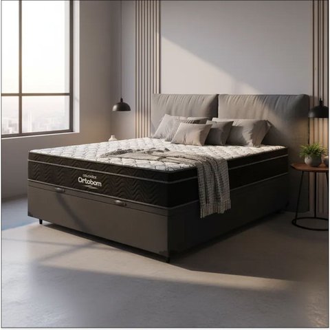 Cama Box Baú com Colchão de Espuma D45 Ortobom Airtech Ortopillow 150 Casal 138 cm