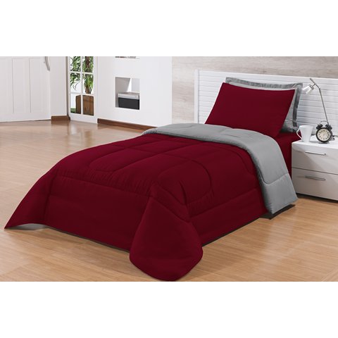 Kit Edredom Solteiro 4 Peças Pérola Vermelho/cinza