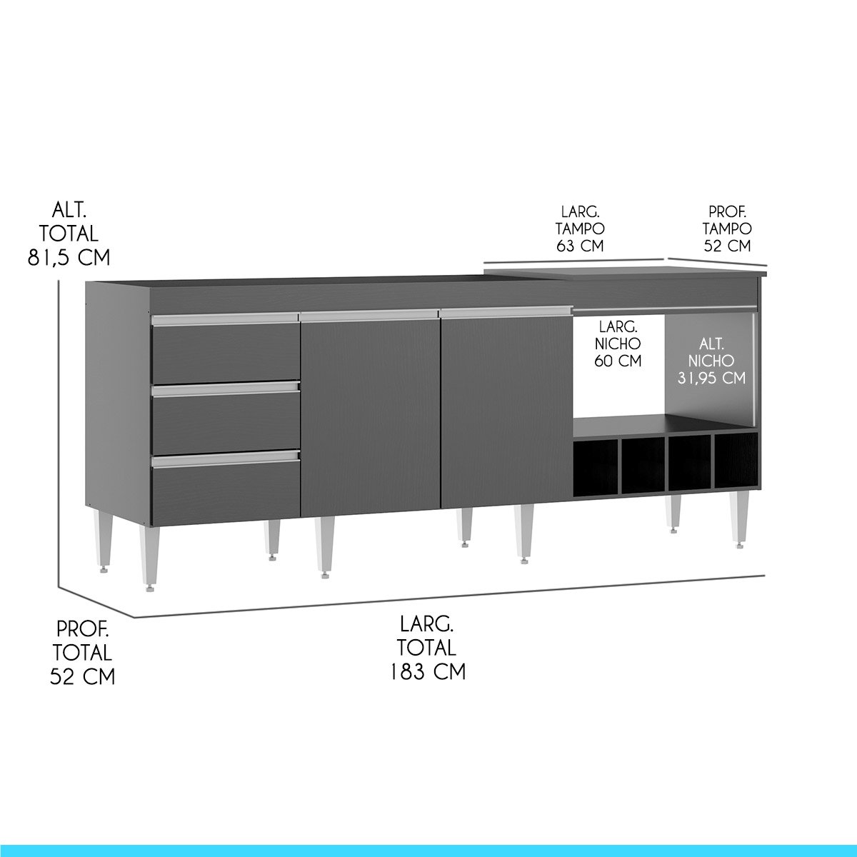 Balcão para Cozinha Completo 183 x 81 Cm 2 Portas 3 Gavetas MDP Preto 2035 - MENU - 2