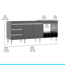 Balcão para Cozinha Completo 183 x 81 Cm 2 Portas 3 Gavetas MDP Preto 2035 - MENU - 2