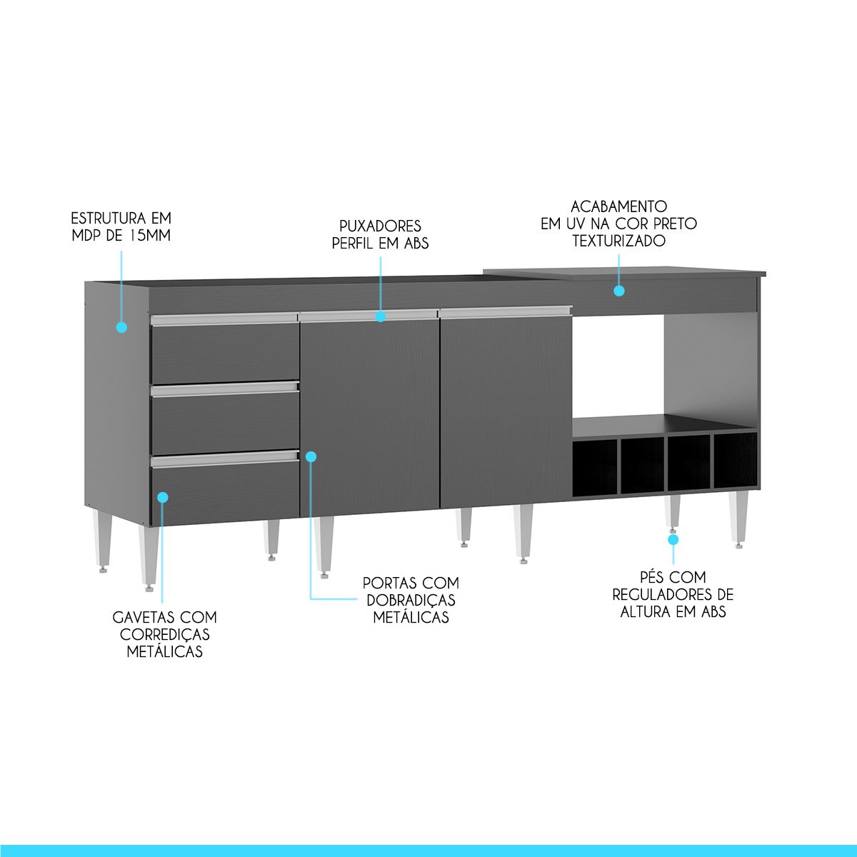 Balcão para Cozinha Completo 183 x 81 Cm 2 Portas 3 Gavetas MDP Preto 2035 - MENU - 3