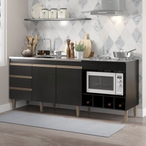 Balcão para Cozinha Completo 183 x 81 Cm 2 Portas 3 Gavetas MDP Preto 2035 - MENU