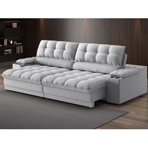 Sofá com Porta Copos e Carregador Usb Ret Rec Luke 2,10m Linho Soft Prata - Netsofas
