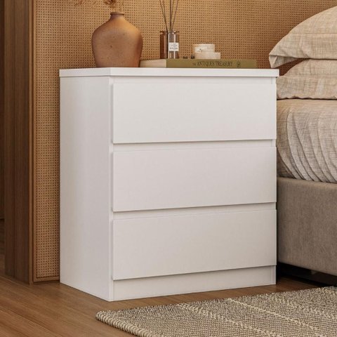 Mesa Cabeceira 3 Gavetas Puxador Cava 60,5 cm 100% MDF Cor:Branco