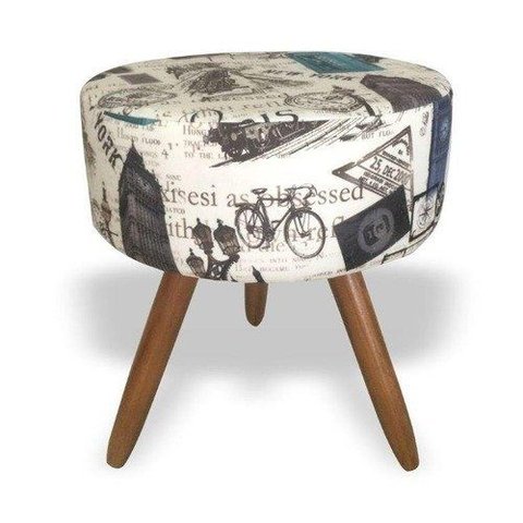 Puff Redondo Suede Estampado Paris Azul Pés Palito