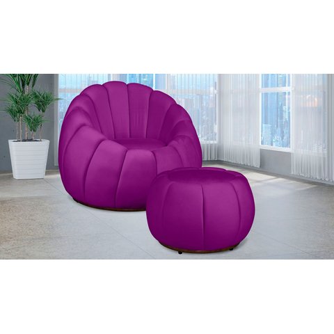 Kit Poltrona c/ Puff Concha Veludo Roxo