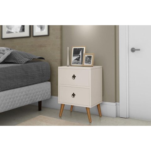 MESA DE CABECEIRA JADE RETRÔ PÉS PALITO COR OFF WHITE 2 GAVETAS ÚLTIMAS UNIDADES