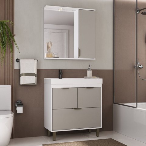 Armário Conjunto de Banheiro com Gabinete Cuba e Espelheira e LED 80 cm Eleganza Branco/Fumê