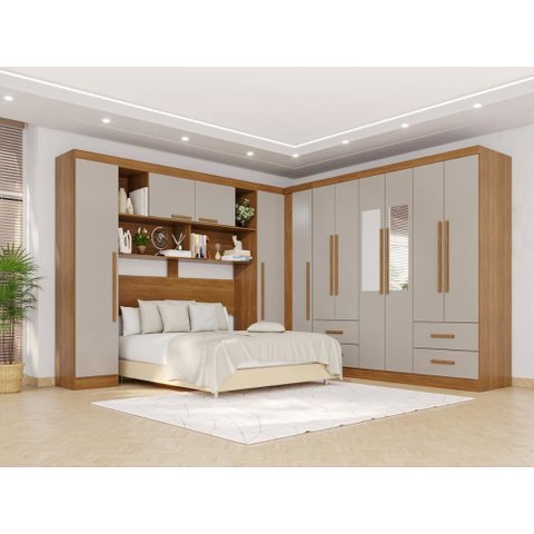 Guarda-Roupa Casal Modulado Canto com Espelho 11 Portas 4 Gavetas Multimóveis Cinamomo/Off White