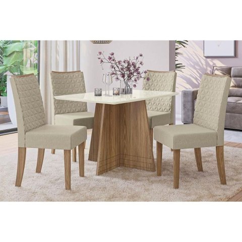 Conjunto: Mesa Sala Jantar Lótus Tampo Madeirado C/ Vidro 80x120cm e 4 Cadeiras 2cad129 Nogueira/