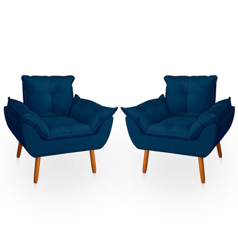 Kit 2 Poltrona Opala Azul Marinho Suede Decorativa para Sala Escritório Biselos-Decor