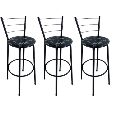 Kit 3 Banquetas Alta Preta com Encosto Assento Floral Preto Jaddi