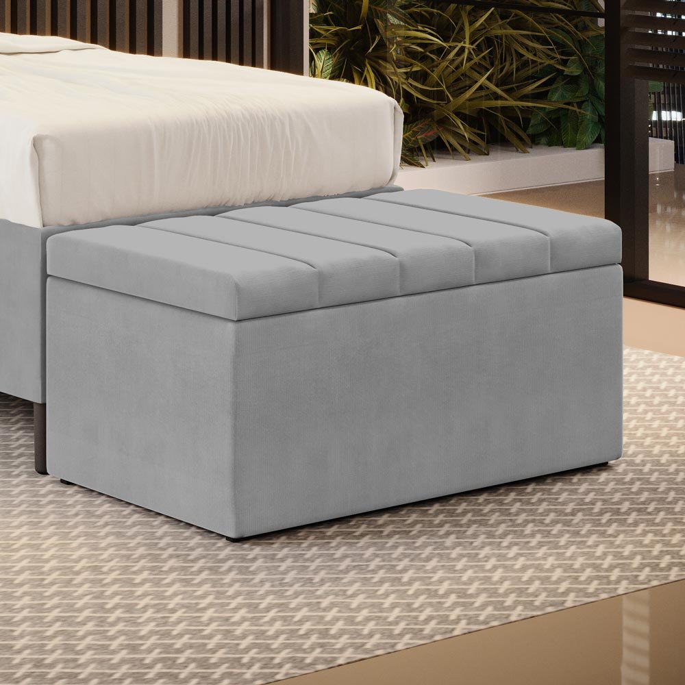 Calçadeira Baú Navi 90 para Cama de Solteiro N-023 Veludo Cinza Claro Aradecor