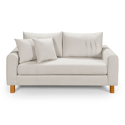 Sofa Living 185cm Tecido Boucle Almofadas Soltas Pes em Madeira: Off White