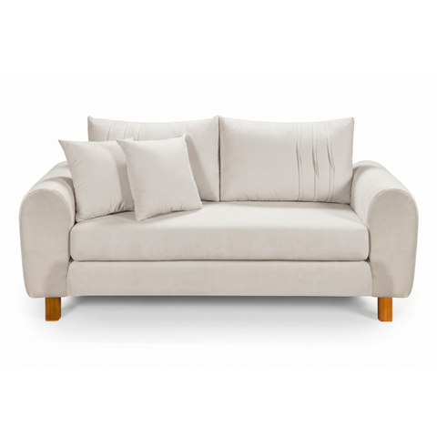 Sofa Living 185cm Tecido Boucle Almofadas Soltas Pes em Madeira: Off White