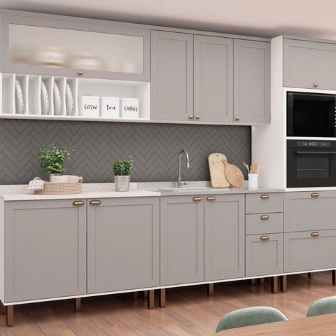 Cozinha Completa Modulada 5 Peças 100% MDF Iluminata Cinza/Branco/Fendi
