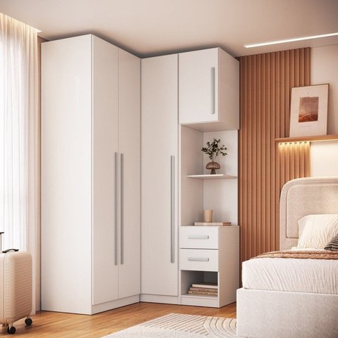 Guarda Roupa Modulado 100% MDF 3 Peças com Mesa de Cabeceira Esquerda 4 Portas e 2 Gavetas Integrato